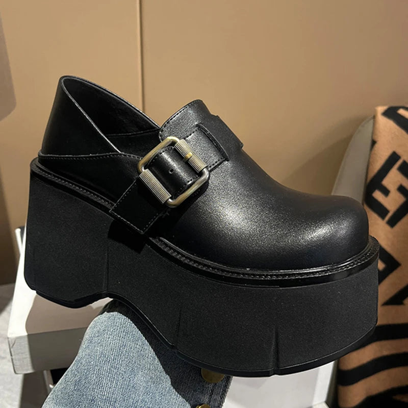 Women 9 CM Platform Shoes Punk PU Leather Buckle Design Loafers High Quality Cool Retro Chunky Oxfords Casual Outdoor Shoe 34-39 Vibrant Vaults