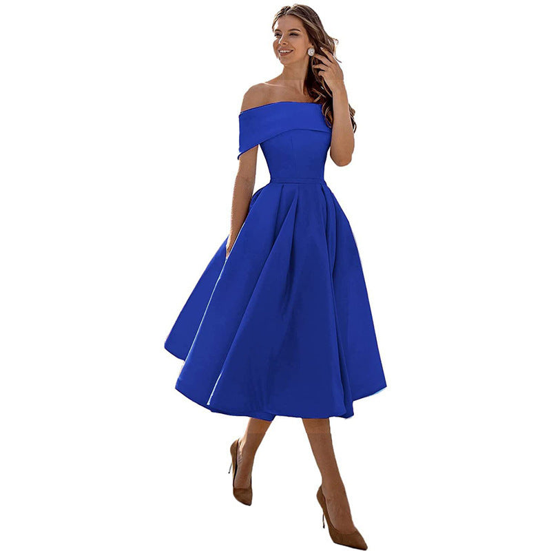 Women's Fashion Casual Strapless Satin Party Dress Off The Shoulder Tea Length Satin Prom Dresses With Pockts Formal Evening Party Dress Vibrant Vaults
