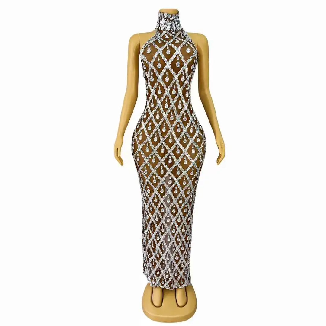 Sparkly Blue Sequins Sleeveless Birthday Dress Shiny Evening Celebrate Outfit Stretch Mesh Transparent Prom Gowns Shaokaijia Vibrant Vaults