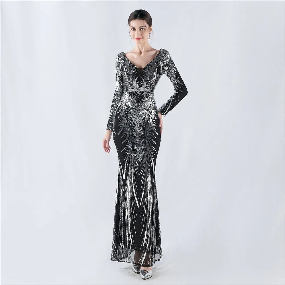 Women's V Neck Long Sleeve Elegant Sequin Floral Mermaid Bodycon Formal Party Gown Evening Maxi Dress Vibrant Vaults