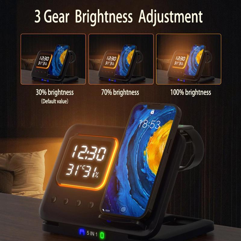 15W Wireless Chargers Stand 5 In1 LED Digital Alarm Clock Fast Charging Dock Station Vibrant Vaults