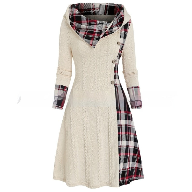 European And American Knitted Hooded Dress Plaid Printed Vibrant Vaults
