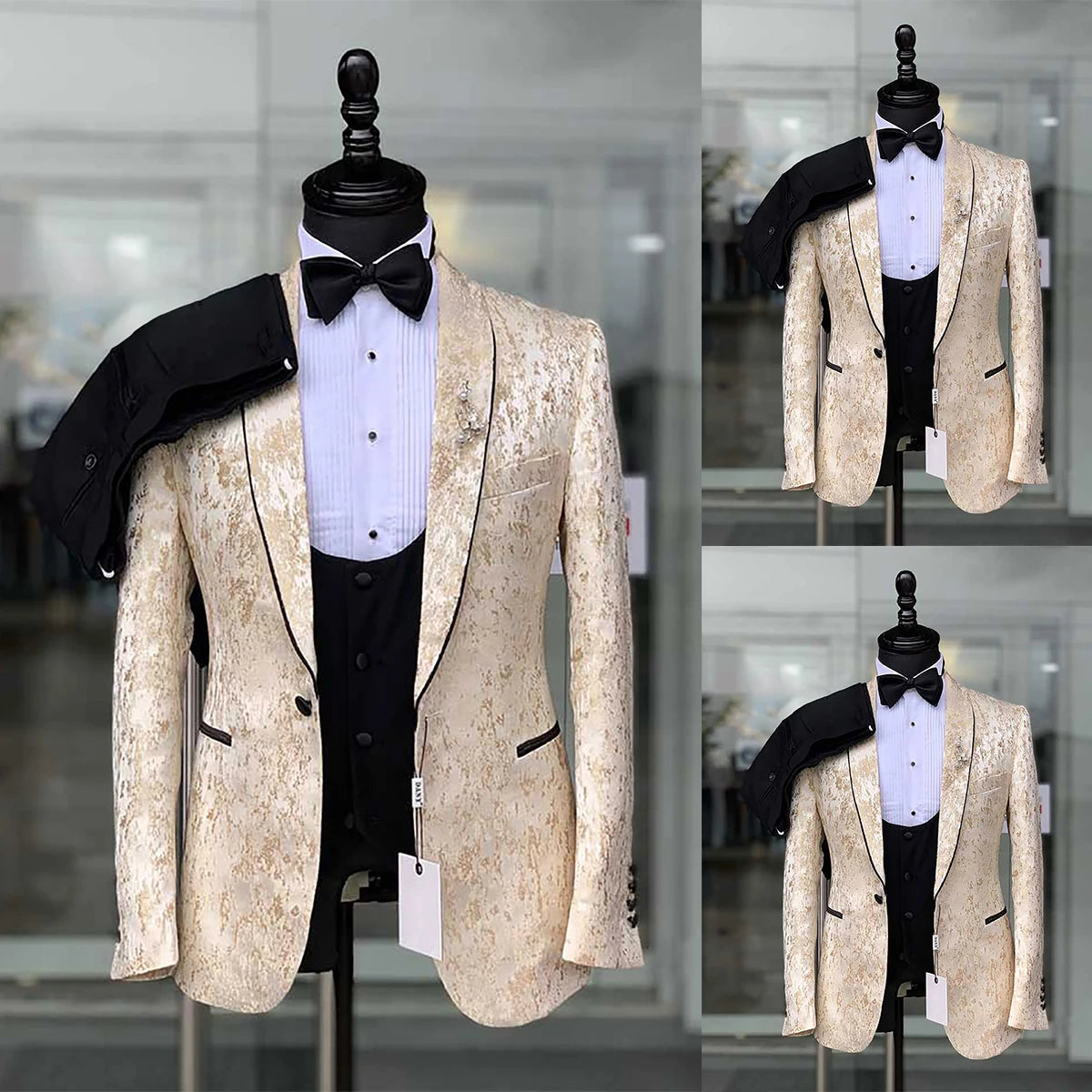 New Men's Suits Tailored 3 Pieces Jacquard Blazer Black Vest Pants One Button Sheer Lapel Wedding Formal Custom Made Plus Size Vibrant Vaults