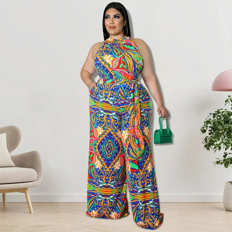 KEXU Plus Size Color Patchwork Women Wide Leg Jumpsuit Elegant Sleeveless Mock Neck Loose Romper 2024 Summer Activewear Outfit Vibrant Vaults