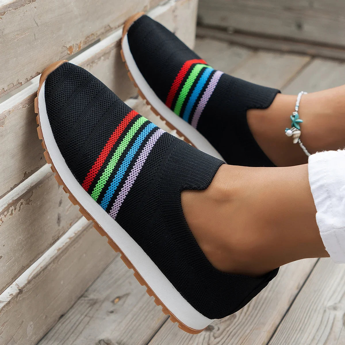 Women Casual Sneakers New Spring Autumn Breathable Mesh Sneakers Women Comfortable Rainbow Knitted Shallow Cut Flat Casual Shoes Vibrant Vaults