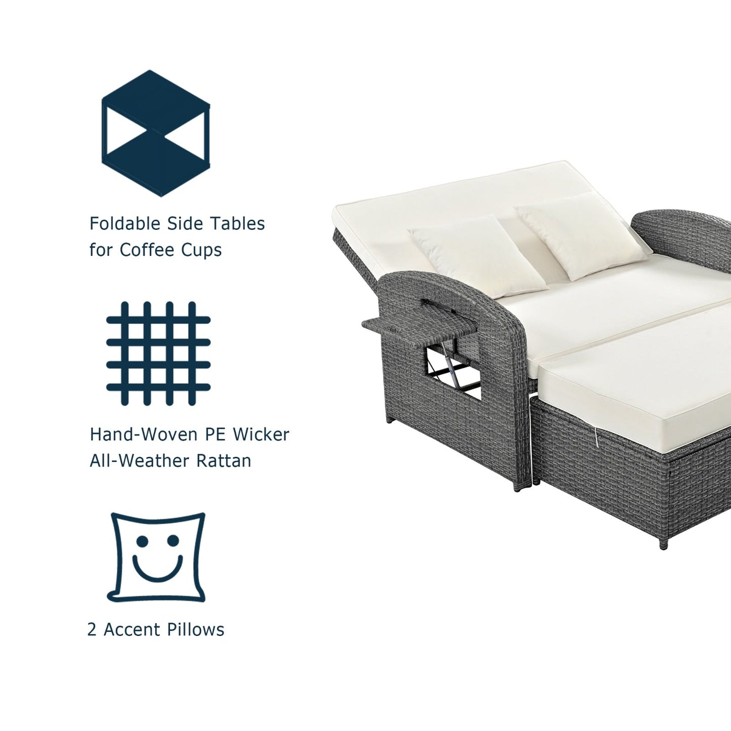 TOPMAX PE Wicker Rattan Double Chaise Lounge, 2-Person Adjustable Daybed Vibrant Vaults