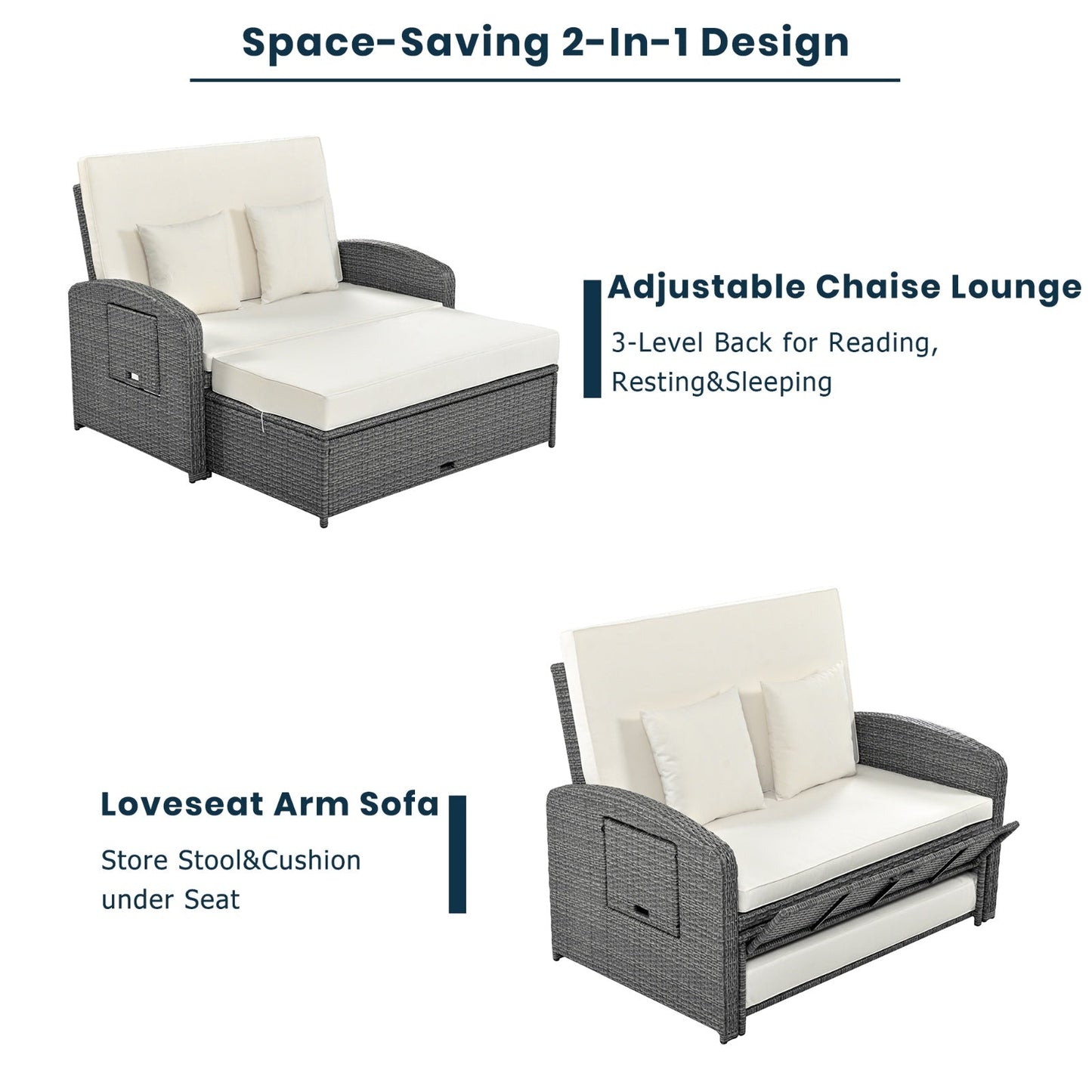 TOPMAX PE Wicker Rattan Double Chaise Lounge, 2-Person Adjustable Daybed Vibrant Vaults
