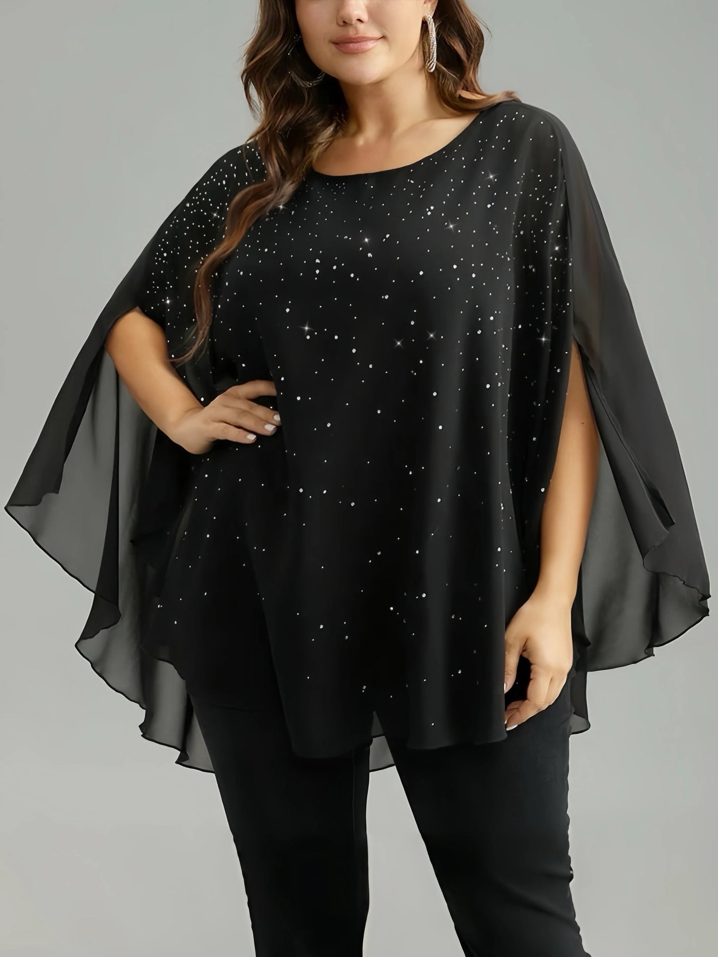 Plus Size Elegant Chiffon Crewneck Sequined Slit Sleeve Tops Office Lady Casual Vintage Summer T shirts for Women 2025 Tee Tops