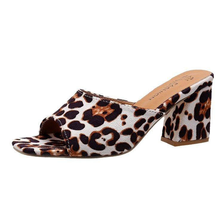Leopard Square Toe Sandals Summer High-heeled Slippers Chunky Heel Shoes For Women Vibrant Vaults