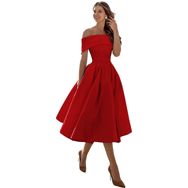 Women's Fashion Casual Strapless Satin Party Dress Off The Shoulder Tea Length Satin Prom Dresses With Pockts Formal Evening Party Dress Vibrant Vaults
