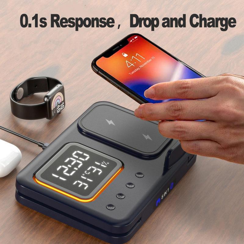 15W Wireless Chargers Stand 5 In1 LED Digital Alarm Clock Fast Charging Dock Station Vibrant Vaults
