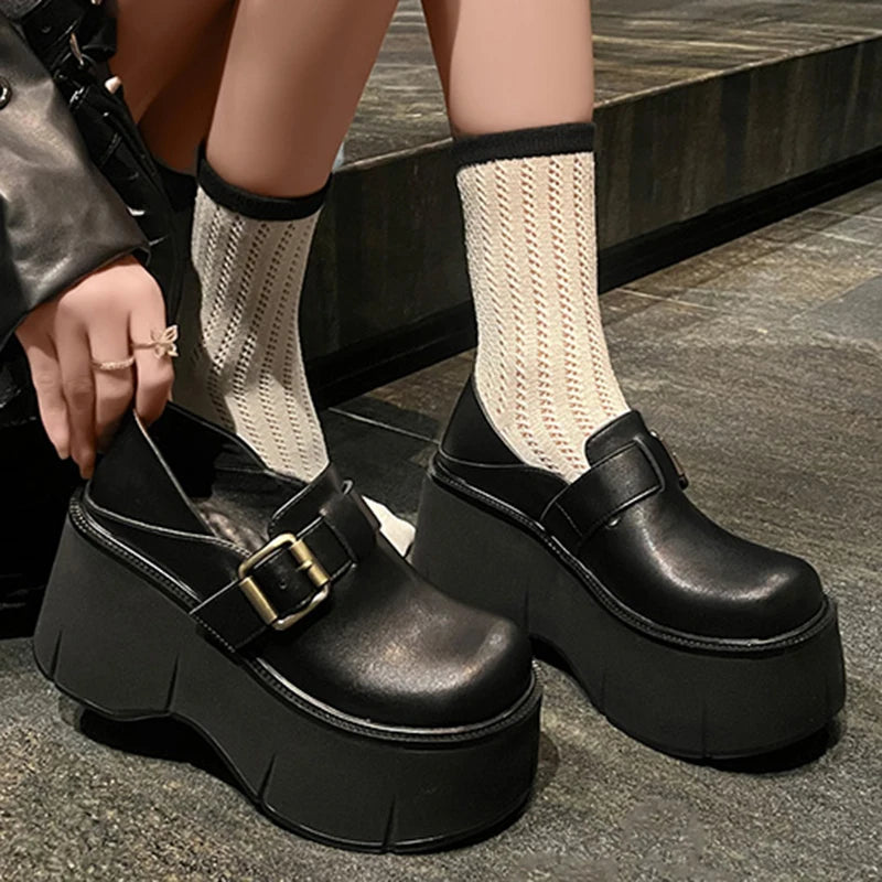 Women 9 CM Platform Shoes Punk PU Leather Buckle Design Loafers High Quality Cool Retro Chunky Oxfords Casual Outdoor Shoe 34-39 Vibrant Vaults