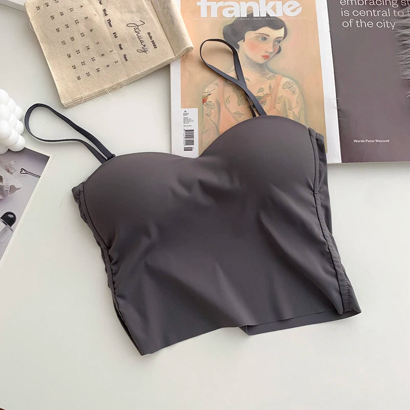 ITOOLIN Fashion Backless Tank Tops Cute Crop Tops For Women Slim Elastic Camisole Ice Silk Women Spaghetti Camis With Bra Pad Vibrant Vaults