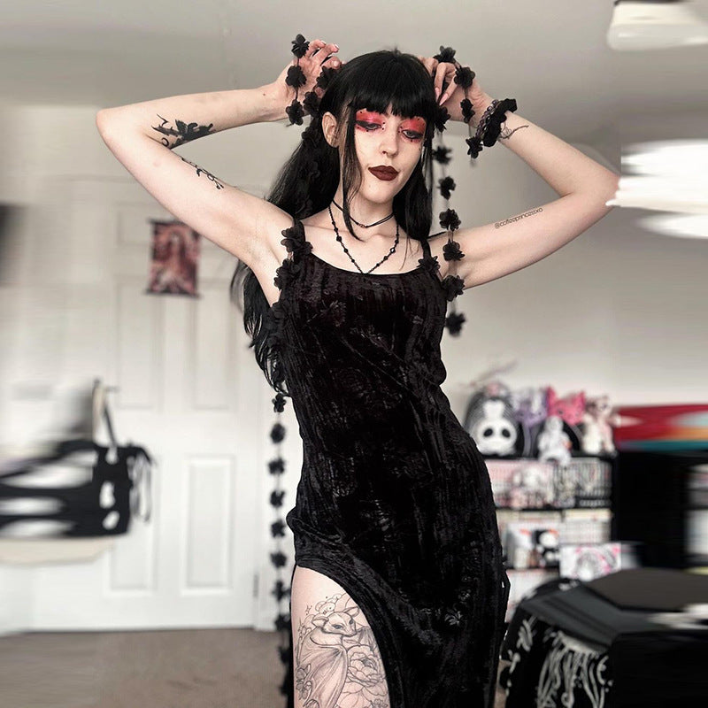 Ribbon Embossed Velvet Spaghetti Straps Dress Female Vibrant Vaults