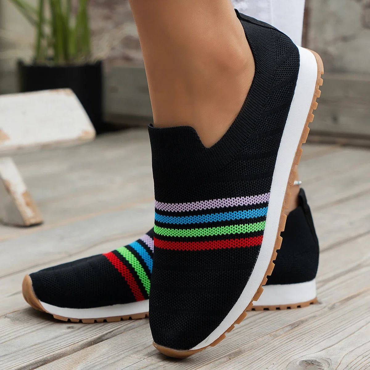 Women Casual Sneakers New Spring Autumn Breathable Mesh Sneakers Women Comfortable Rainbow Knitted Shallow Cut Flat Casual Shoes Vibrant Vaults