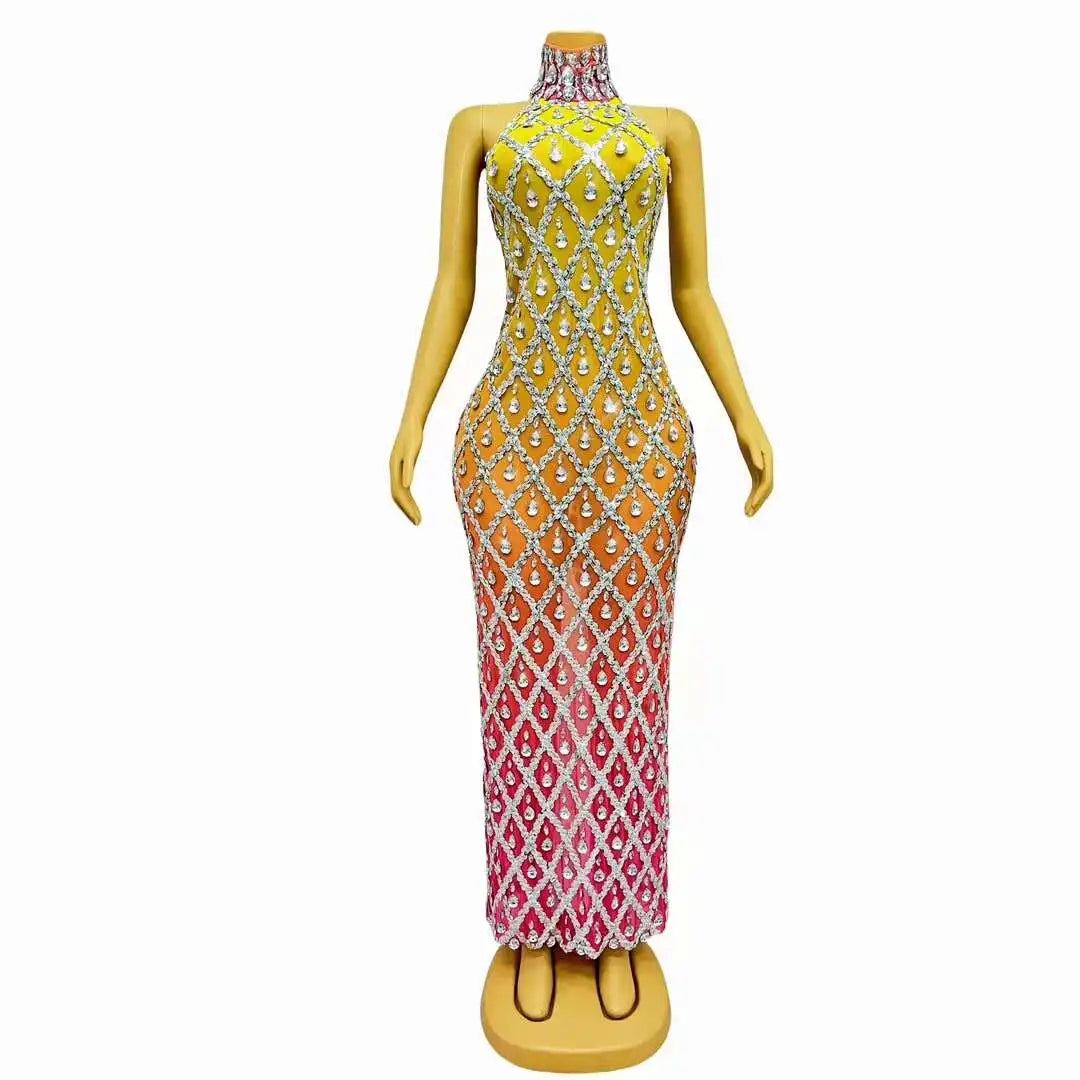 Sparkly Blue Sequins Sleeveless Birthday Dress Shiny Evening Celebrate Outfit Stretch Mesh Transparent Prom Gowns Shaokaijia Vibrant Vaults