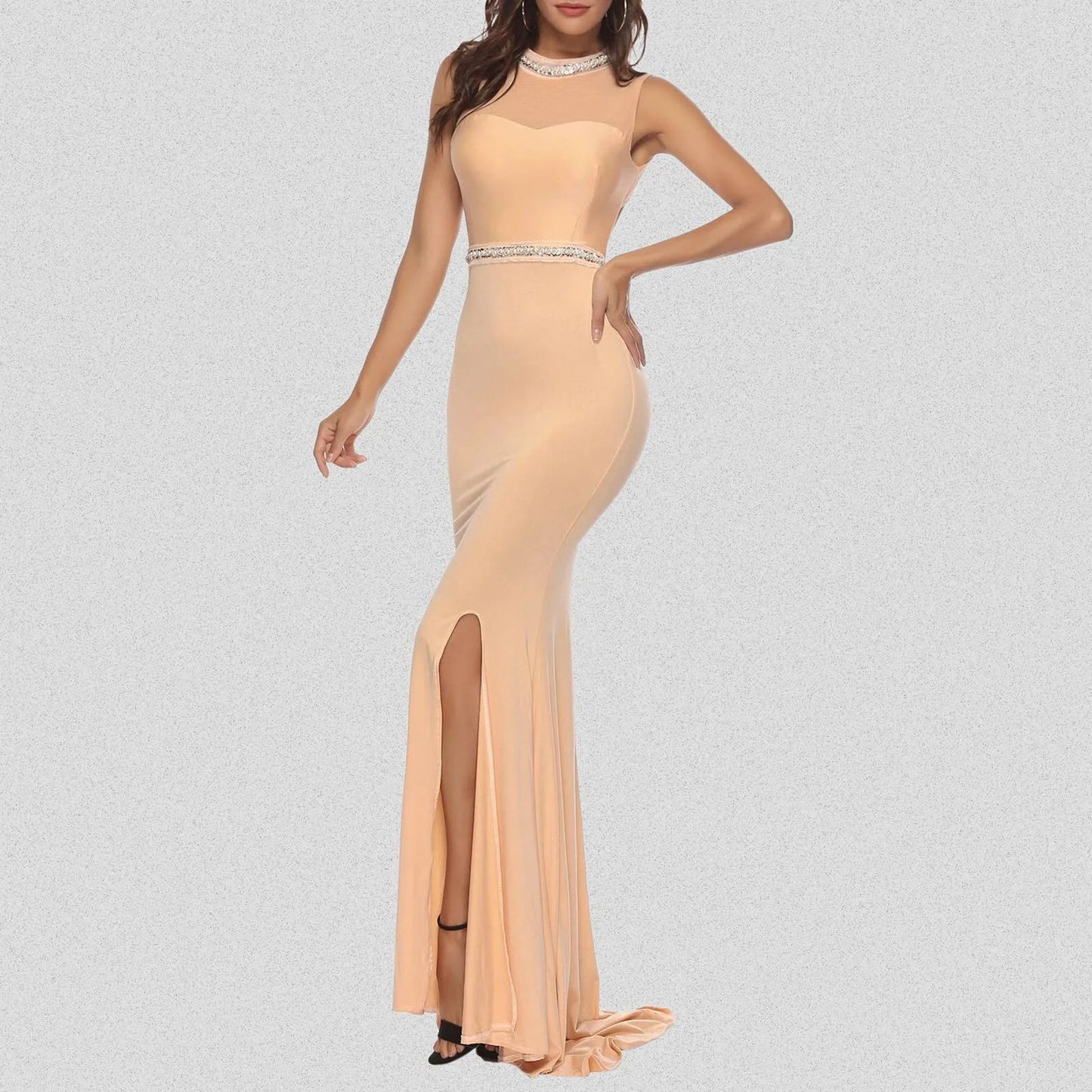 Elegant Evening Dresses for Women Mermaid/Trumpet Beading Evening Party Gowns Long Backless O Neck Sleeveless Prom Dress Vibrant Vaults