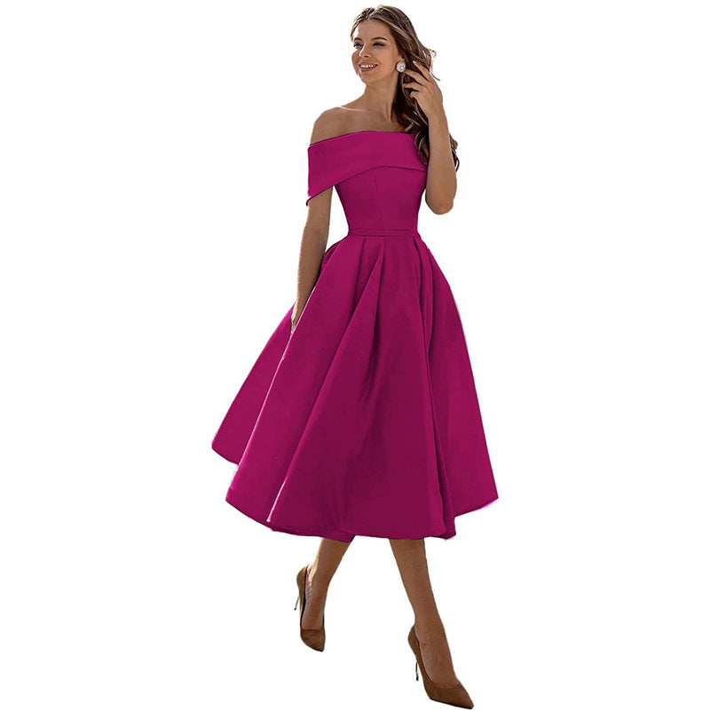 Women's Fashion Casual Strapless Satin Party Dress Off The Shoulder Tea Length Satin Prom Dresses With Pockts Formal Evening Party Dress Vibrant Vaults