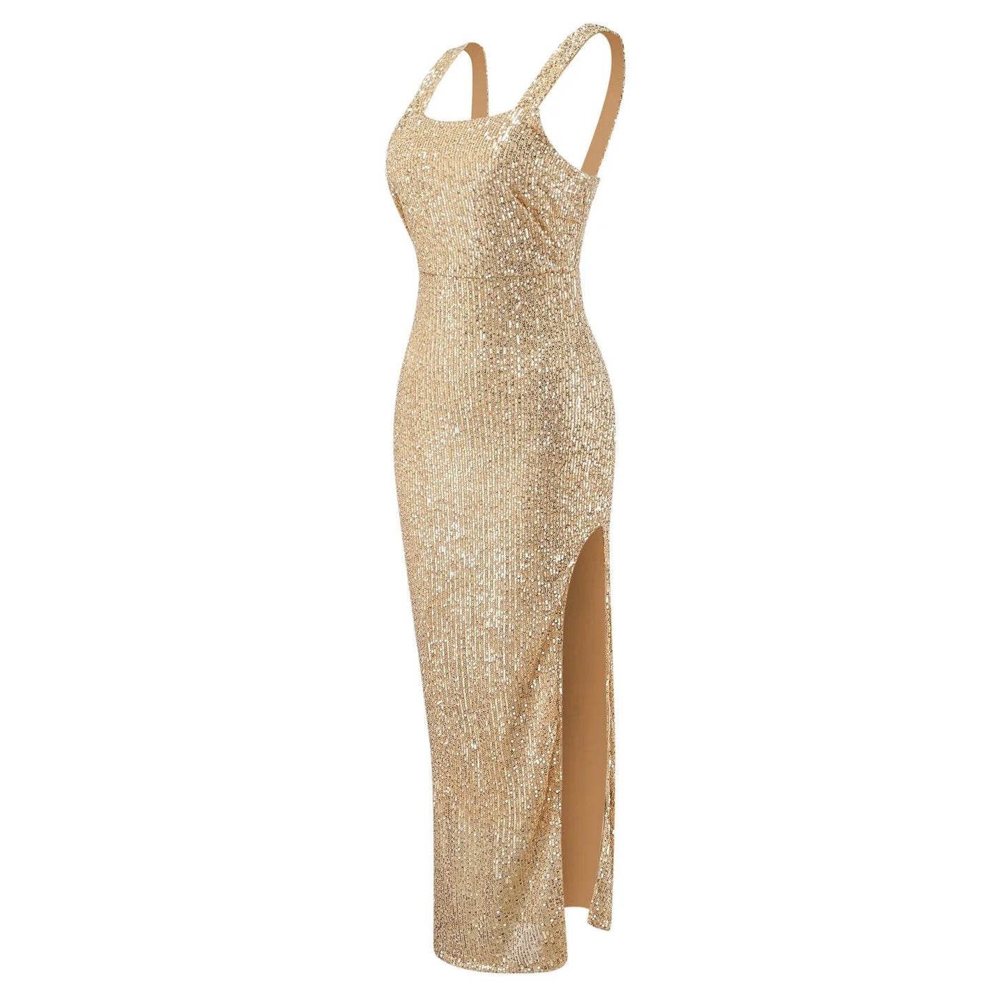 Gold Sequins Bodycon Dress Halter Strap U-Neck Zipper Party Club Prom Dress Women Fashion Shiny Sleeveless Splice Elegant Dress Vibrant Vaults