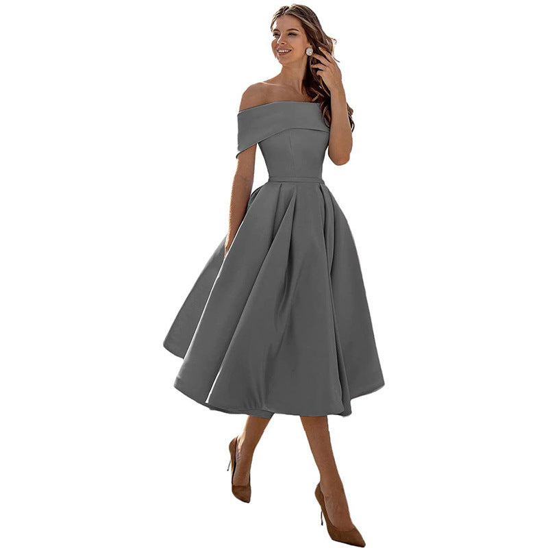 Women's Fashion Casual Strapless Satin Party Dress Off The Shoulder Tea Length Satin Prom Dresses With Pockts Formal Evening Party Dress Vibrant Vaults