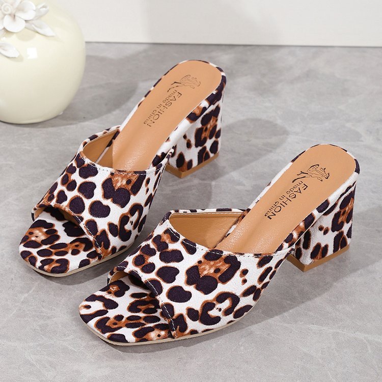 Leopard Square Toe Sandals Summer High-heeled Slippers Chunky Heel Shoes For Women Vibrant Vaults