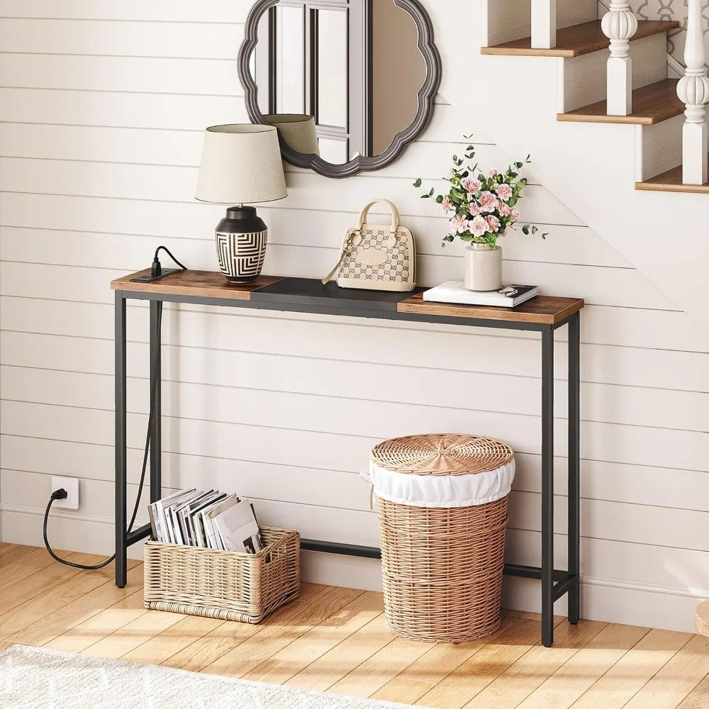 HOOBRO Narrow Console Table with Power Outlets, 44.9-Inch Sofa Table, Slim Behind Couch Table, Entryway Display Shelf Vibrant Vaults