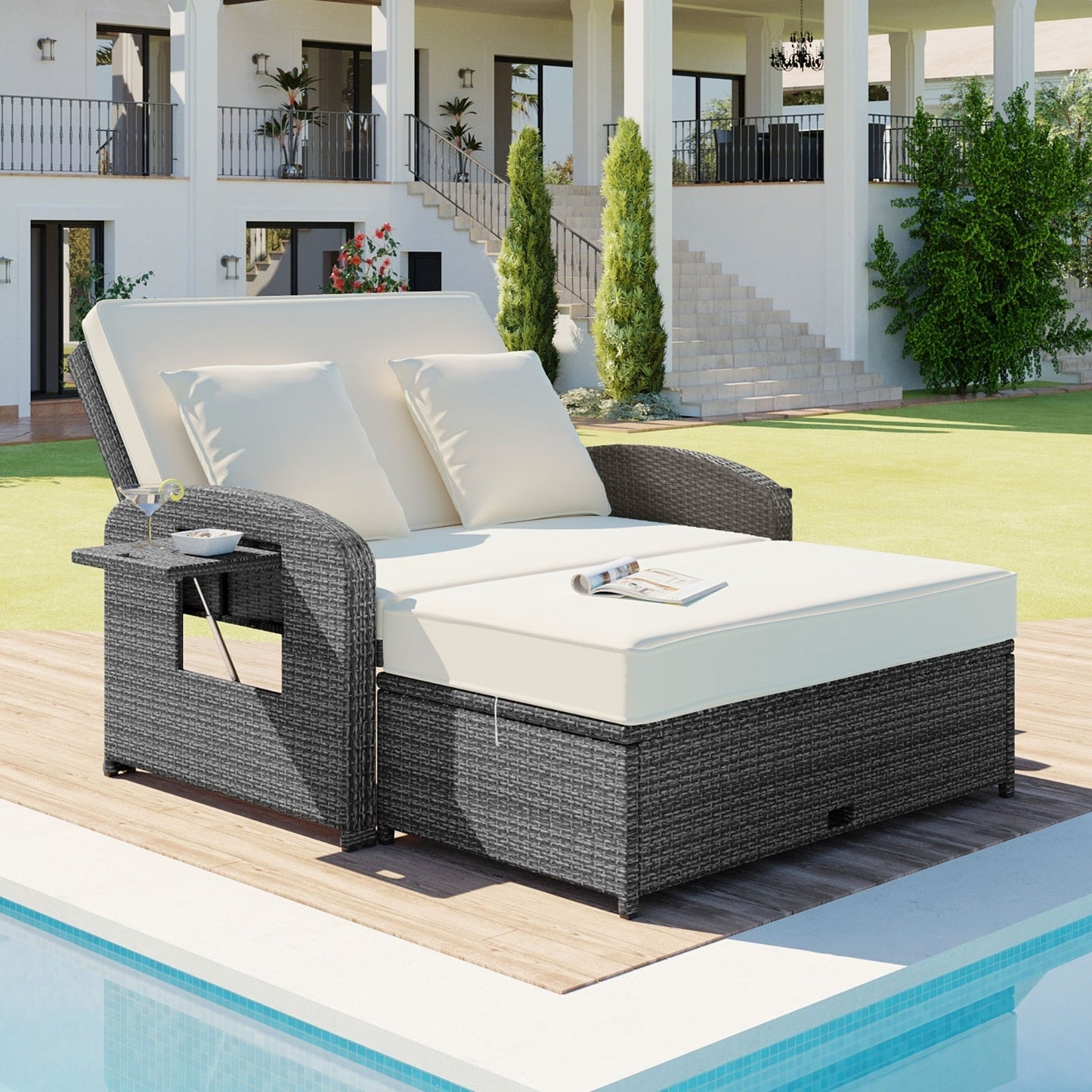 TOPMAX PE Wicker Rattan Double Chaise Lounge, 2-Person Adjustable Daybed Vibrant Vaults