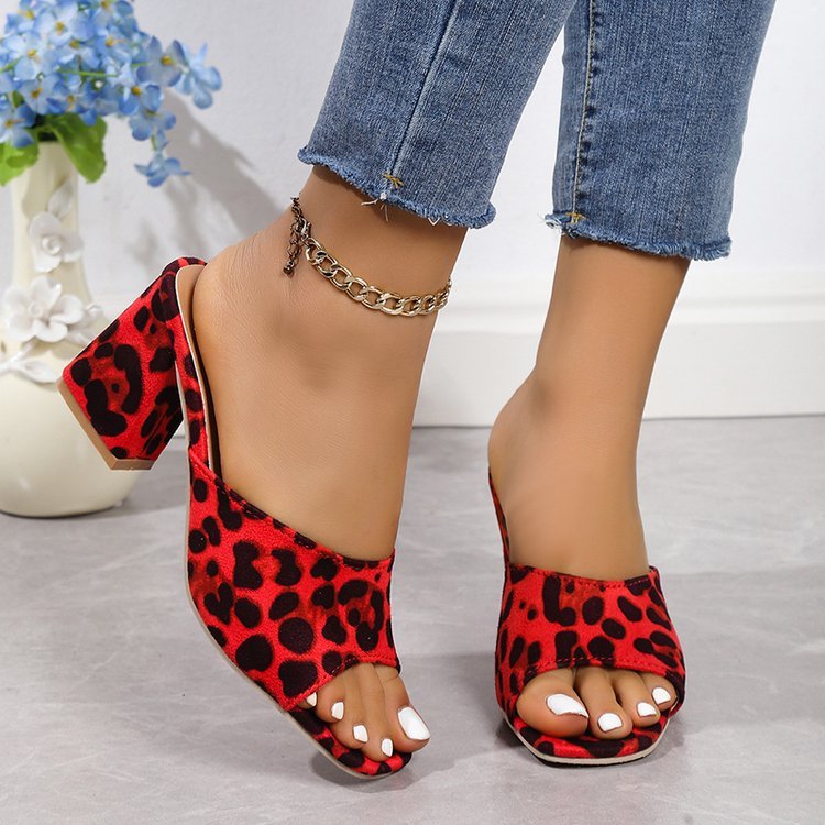Leopard Square Toe Sandals Summer High-heeled Slippers Chunky Heel Shoes For Women Vibrant Vaults