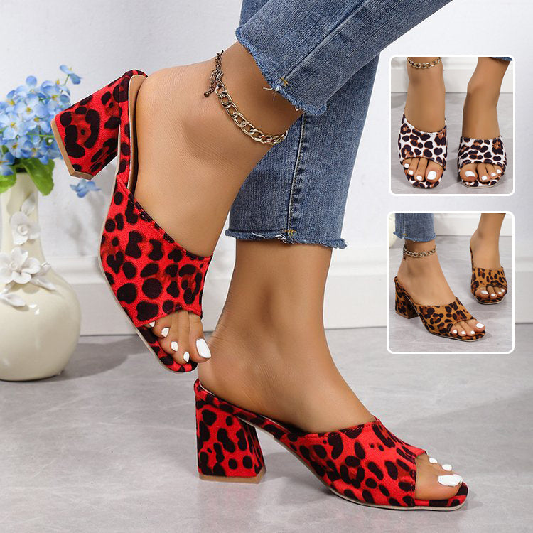 Leopard Square Toe Sandals Summer High-heeled Slippers Chunky Heel Shoes For Women Vibrant Vaults