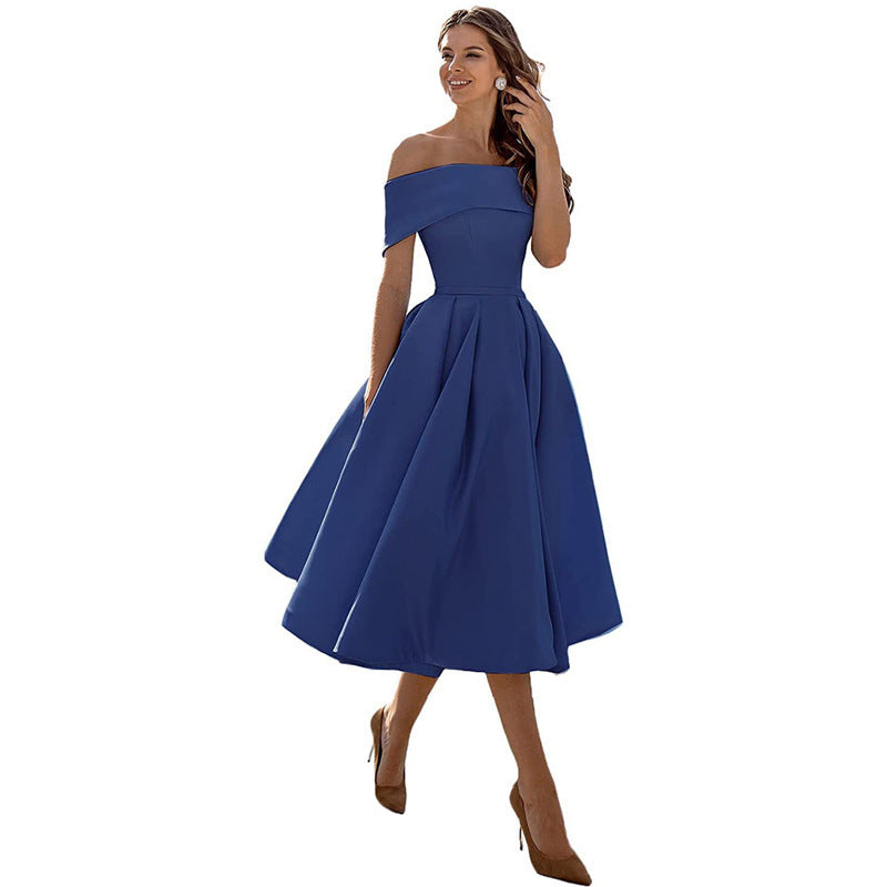 Women's Fashion Casual Strapless Satin Party Dress Off The Shoulder Tea Length Satin Prom Dresses With Pockts Formal Evening Party Dress Vibrant Vaults