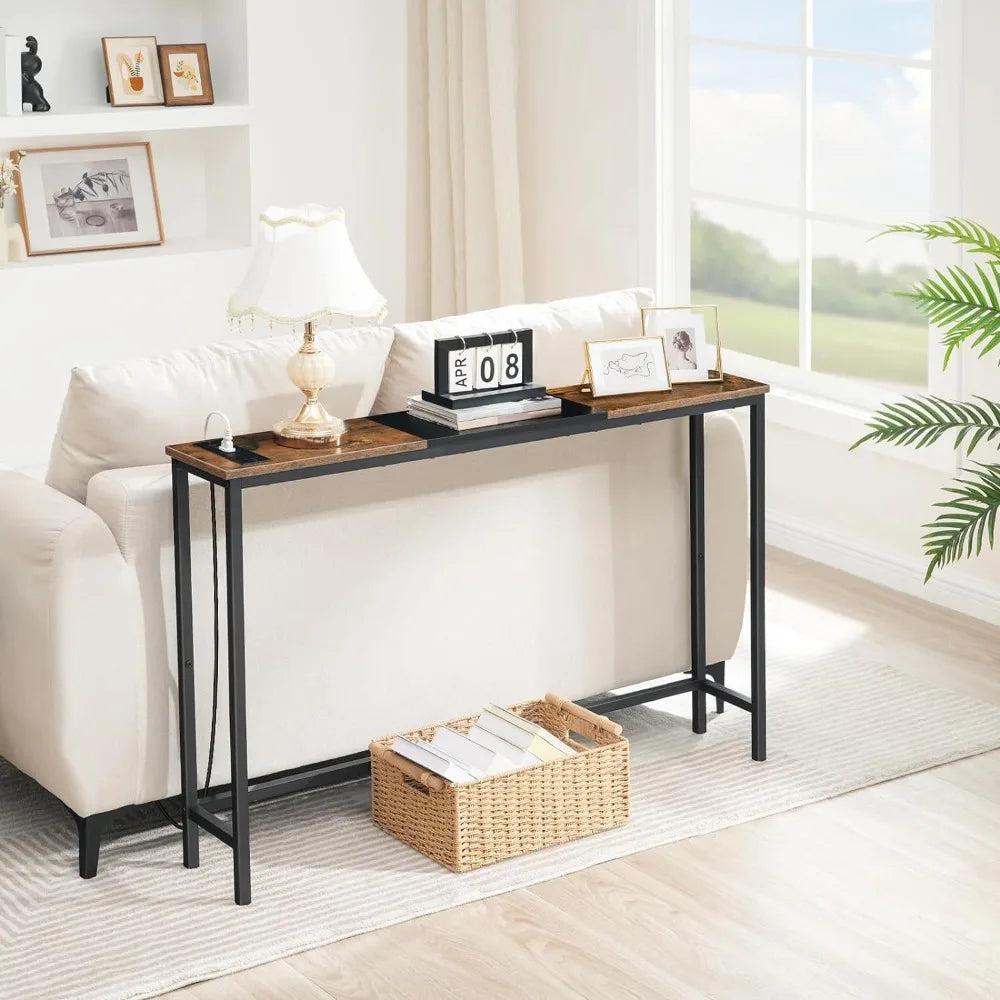 HOOBRO Narrow Console Table with Power Outlets, 44.9-Inch Sofa Table, Slim Behind Couch Table, Entryway Display Shelf Vibrant Vaults