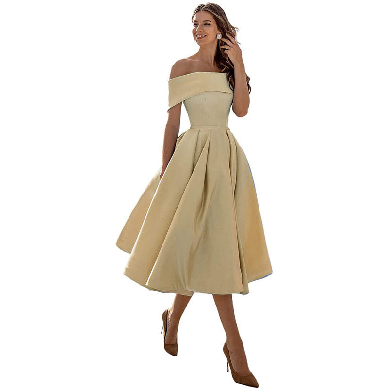 Women's Fashion Casual Strapless Satin Party Dress Off The Shoulder Tea Length Satin Prom Dresses With Pockts Formal Evening Party Dress Vibrant Vaults