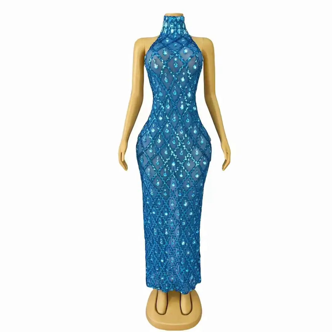 Sparkly Blue Sequins Sleeveless Birthday Dress Shiny Evening Celebrate Outfit Stretch Mesh Transparent Prom Gowns Shaokaijia Vibrant Vaults
