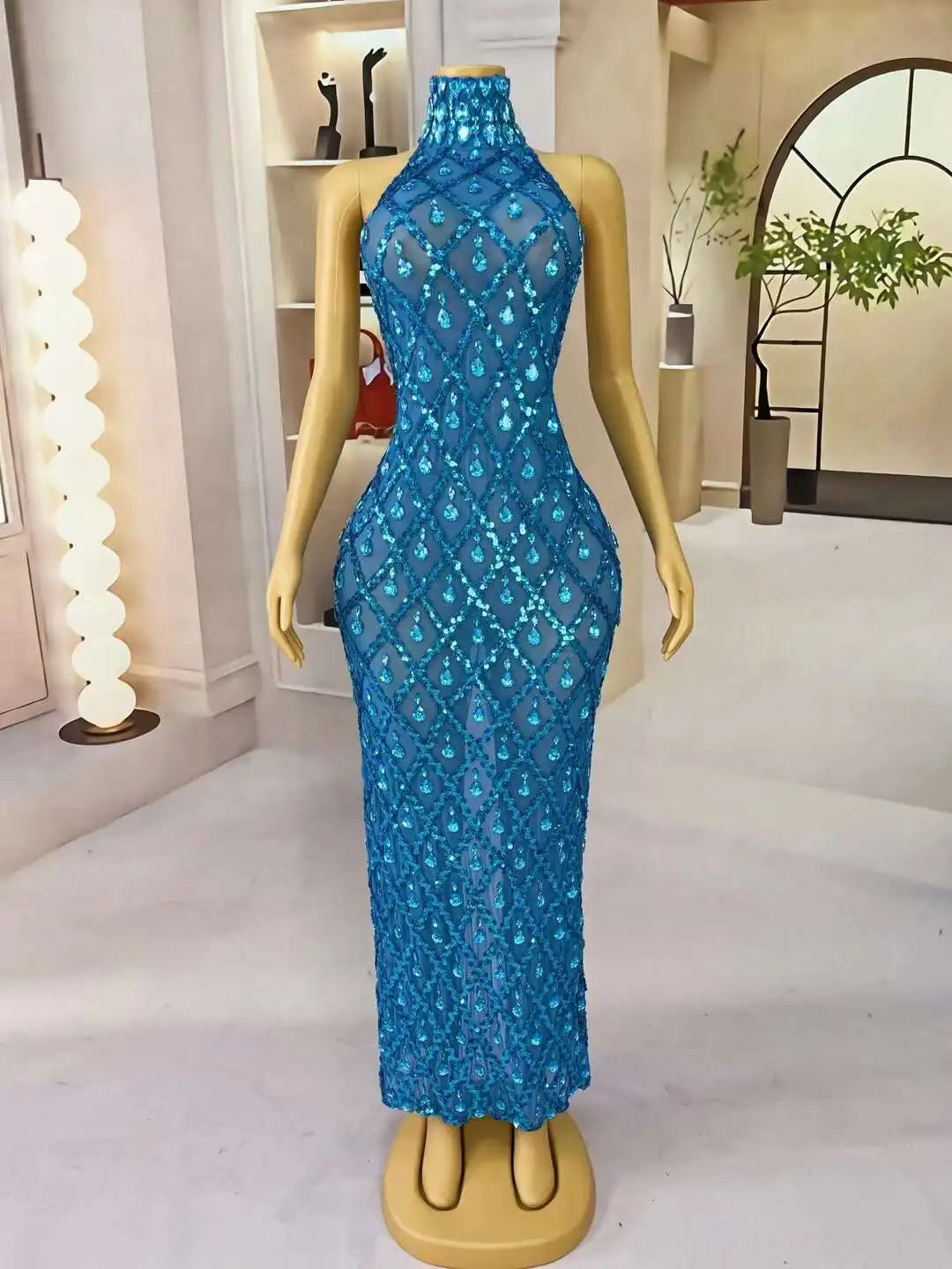 Sparkly Blue Sequins Sleeveless Birthday Dress Shiny Evening Celebrate Outfit Stretch Mesh Transparent Prom Gowns Shaokaijia Vibrant Vaults