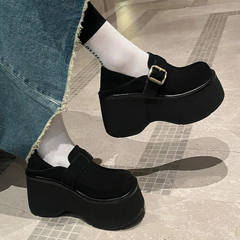 Women 9 CM Platform Shoes Punk PU Leather Buckle Design Loafers High Quality Cool Retro Chunky Oxfords Casual Outdoor Shoe 34-39 Vibrant Vaults
