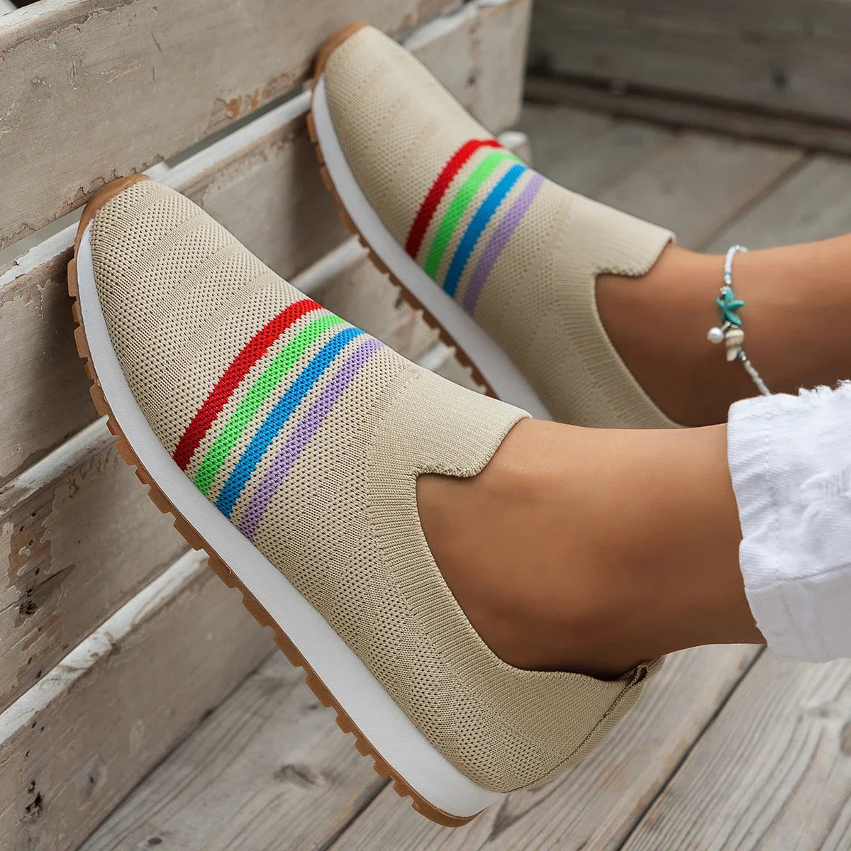 Women Casual Sneakers New Spring Autumn Breathable Mesh Sneakers Women Comfortable Rainbow Knitted Shallow Cut Flat Casual Shoes Vibrant Vaults