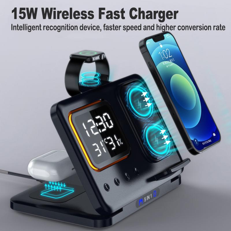 15W Wireless Chargers Stand 5 In1 LED Digital Alarm Clock Fast Charging Dock Station Vibrant Vaults