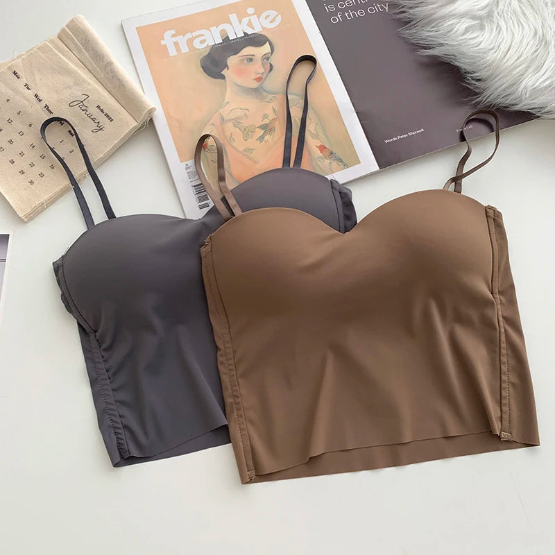 ITOOLIN Fashion Backless Tank Tops Cute Crop Tops For Women Slim Elastic Camisole Ice Silk Women Spaghetti Camis With Bra Pad Vibrant Vaults