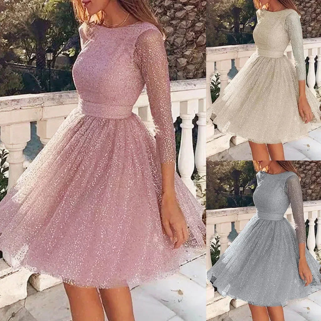 Women Sling Cross O-Neck Slim Hollow Lace Dress Elegant Ladies Tie Waist Wedding Party Dress Fashion Femal Silver Sequined Dress Vibrant Vaults
