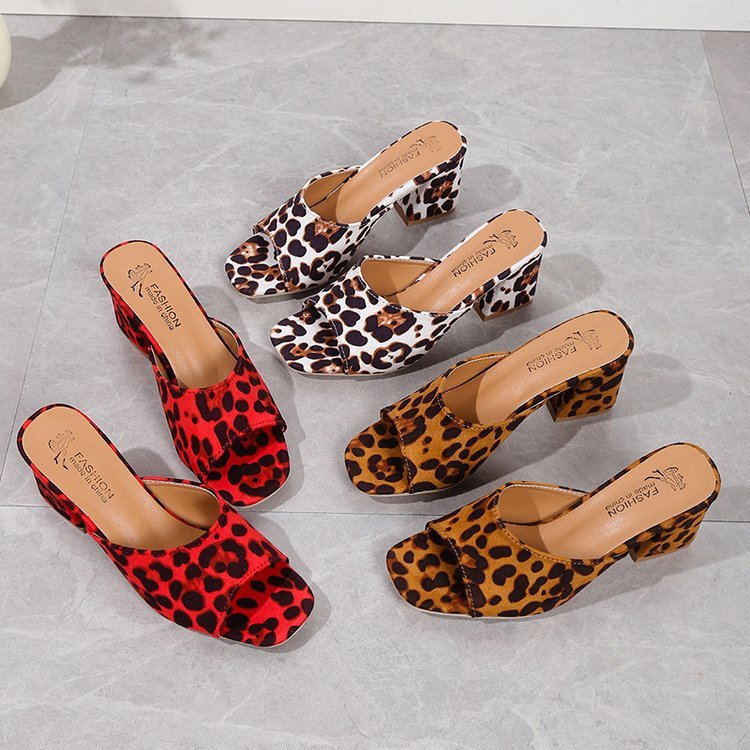 Leopard Square Toe Sandals Summer High-heeled Slippers Chunky Heel Shoes For Women Vibrant Vaults