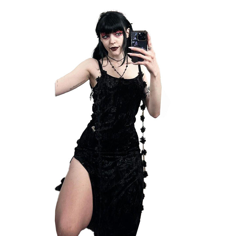 Ribbon Embossed Velvet Spaghetti Straps Dress Female Vibrant Vaults