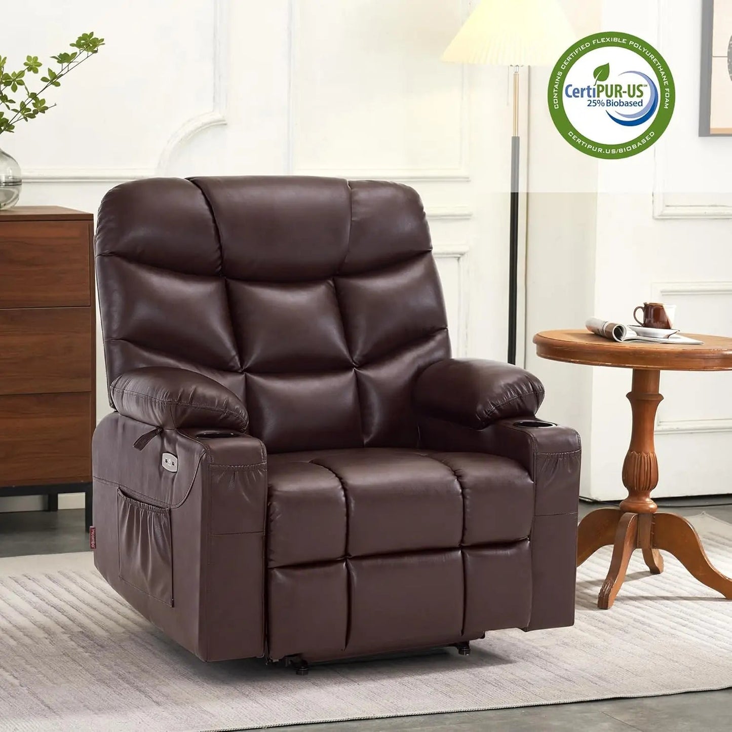 Power Lift Recliner Chair with Extended Footrest for Big Elderly People Faux Leather R7289 (Dark Brown Medium-Wide) Vibrant Vaults
