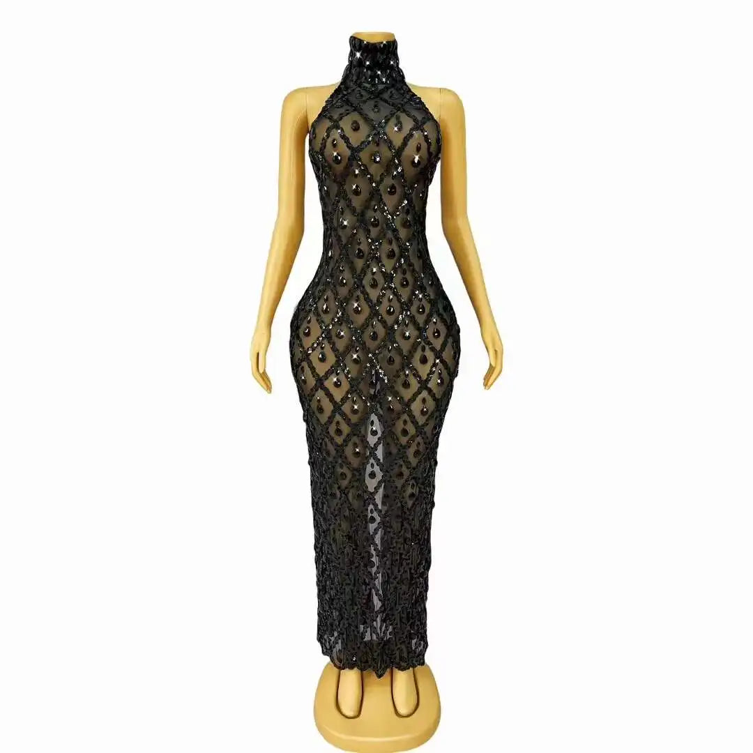 Sparkly Blue Sequins Sleeveless Birthday Dress Shiny Evening Celebrate Outfit Stretch Mesh Transparent Prom Gowns Shaokaijia Vibrant Vaults