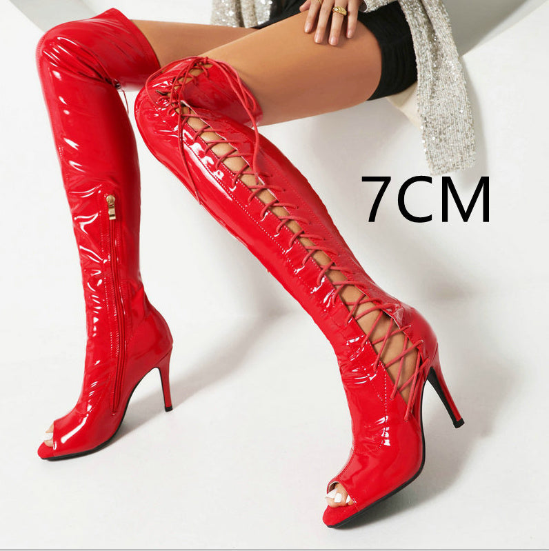 Stretch Thin Patent Leather Female Over-the-knee Boots Vibrant Vaults