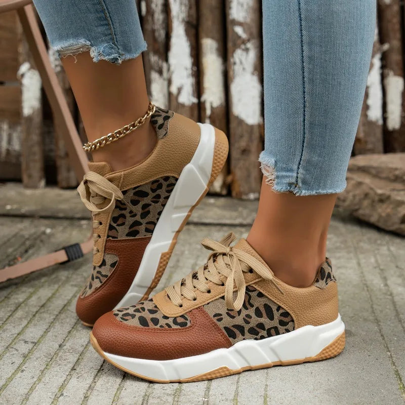 Women Casual Platform Shoes 2024 Round Toe Low-top Leopard Wedge Sneakers Women Comfortable Lace Up Outdoor Shoes for Women Vibrant Vaults