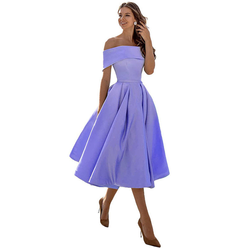 Women's Fashion Casual Strapless Satin Party Dress Off The Shoulder Tea Length Satin Prom Dresses With Pockts Formal Evening Party Dress Vibrant Vaults