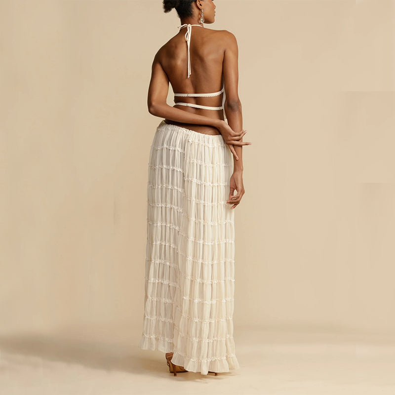 2pcs Women's Dress Suit Sexy Sleeveless Backless Cropped Halter Top And Pleated Long Skirt Beach Clothing Vibrant Vaults