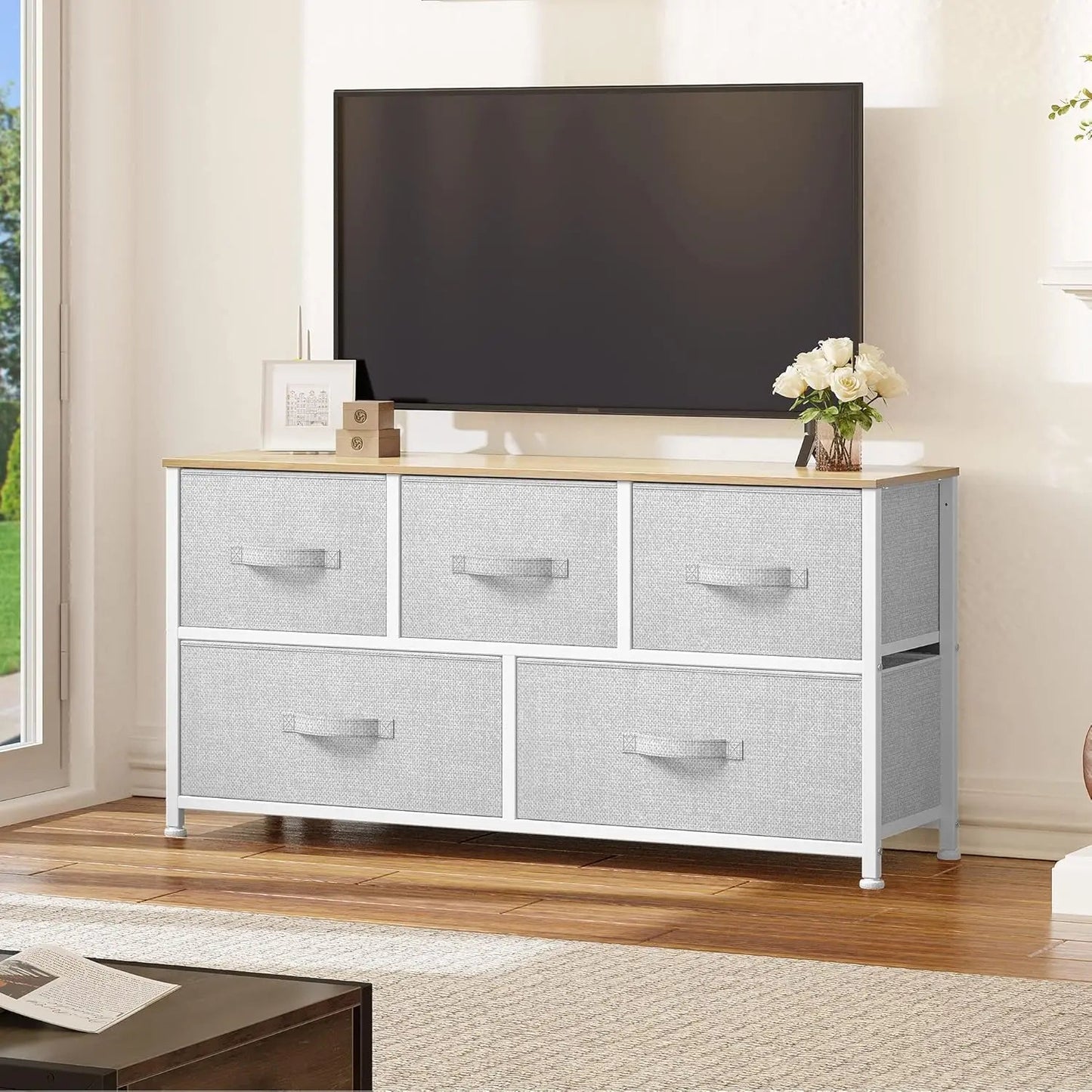 5 Fabric Dresser, Storage Dresser with 5 Drawers, Wide Dresser, Storage Tower, Chest of Drawers for Closet, Living Room Vibrant Vaults