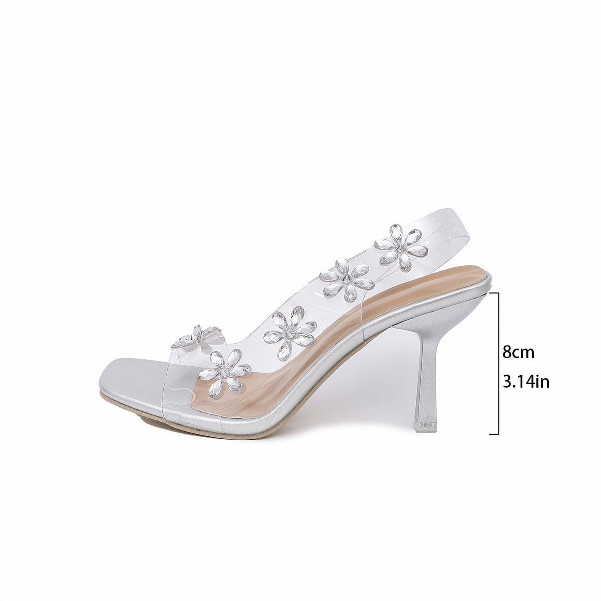New Sandals For Women Summer Transparent PVC Rhinestone Flowers Slingback Pumps Elegant Square Toe Female Sexy High Heels Vibrant Vaults