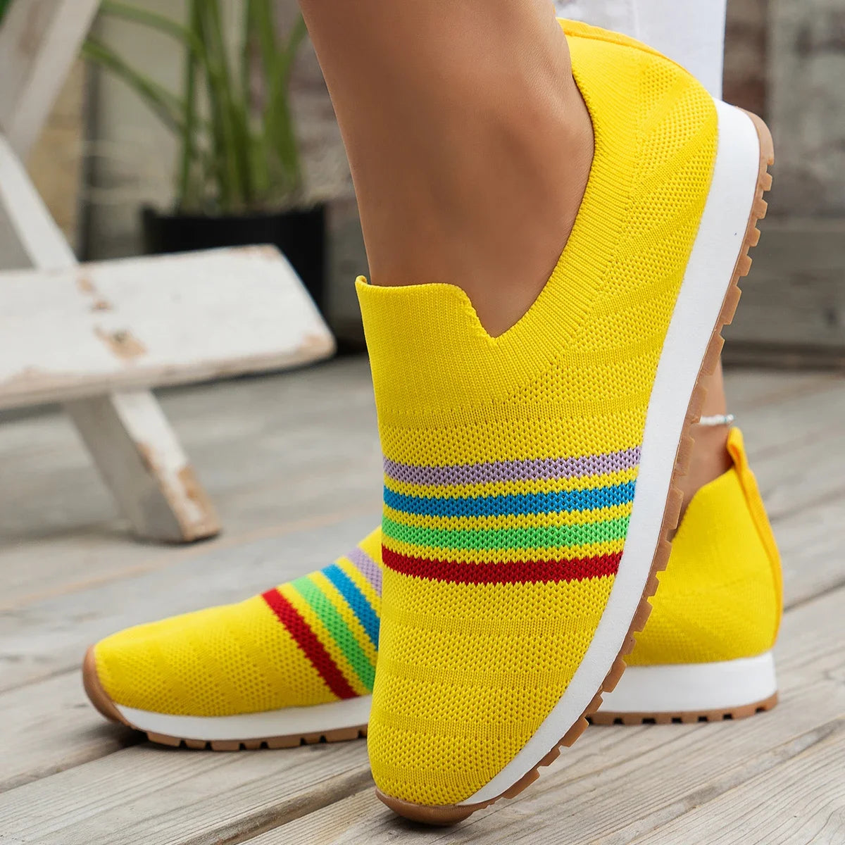 Women Casual Sneakers New Spring Autumn Breathable Mesh Sneakers Women Comfortable Rainbow Knitted Shallow Cut Flat Casual Shoes Vibrant Vaults